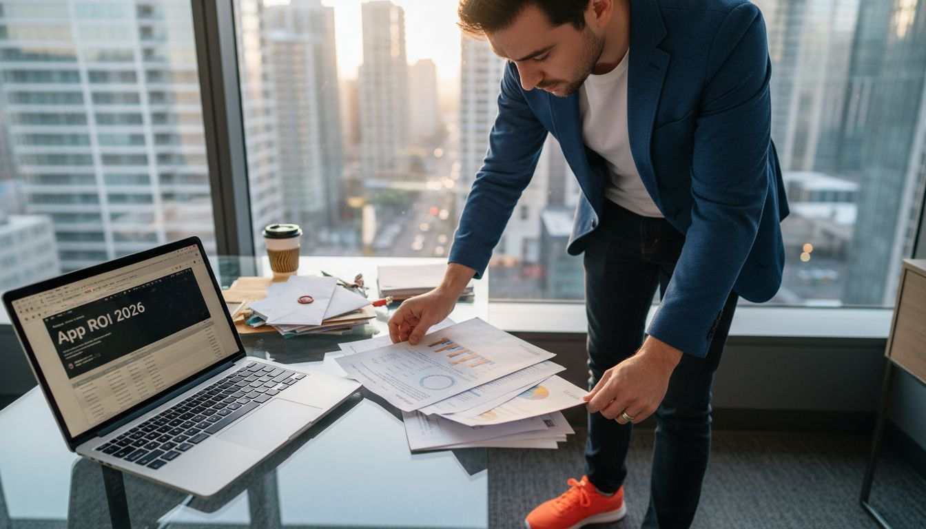 Startup founder reviewing app investment report