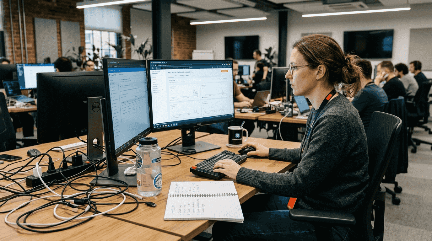 Engineer monitoring cloud hosting dashboard