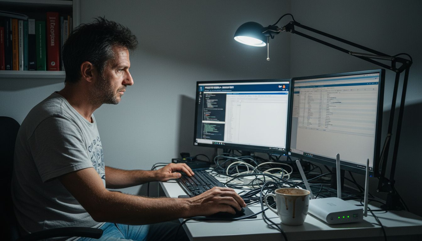 Un tecnico informatico monitora i dati su diversi schermi.