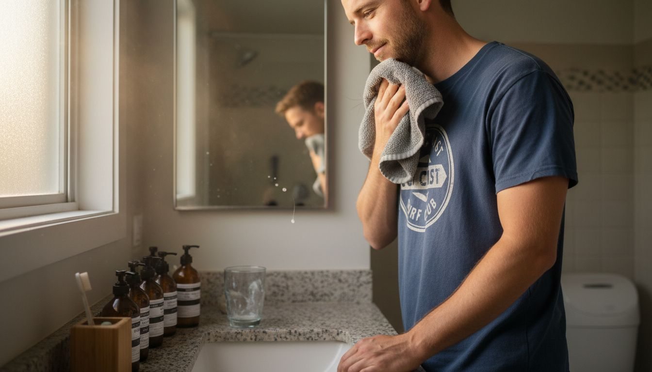 Man gently drying face after cleansing