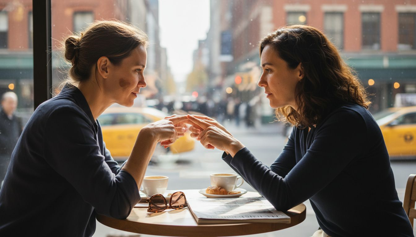Women comparing uneven skin tone at cafe