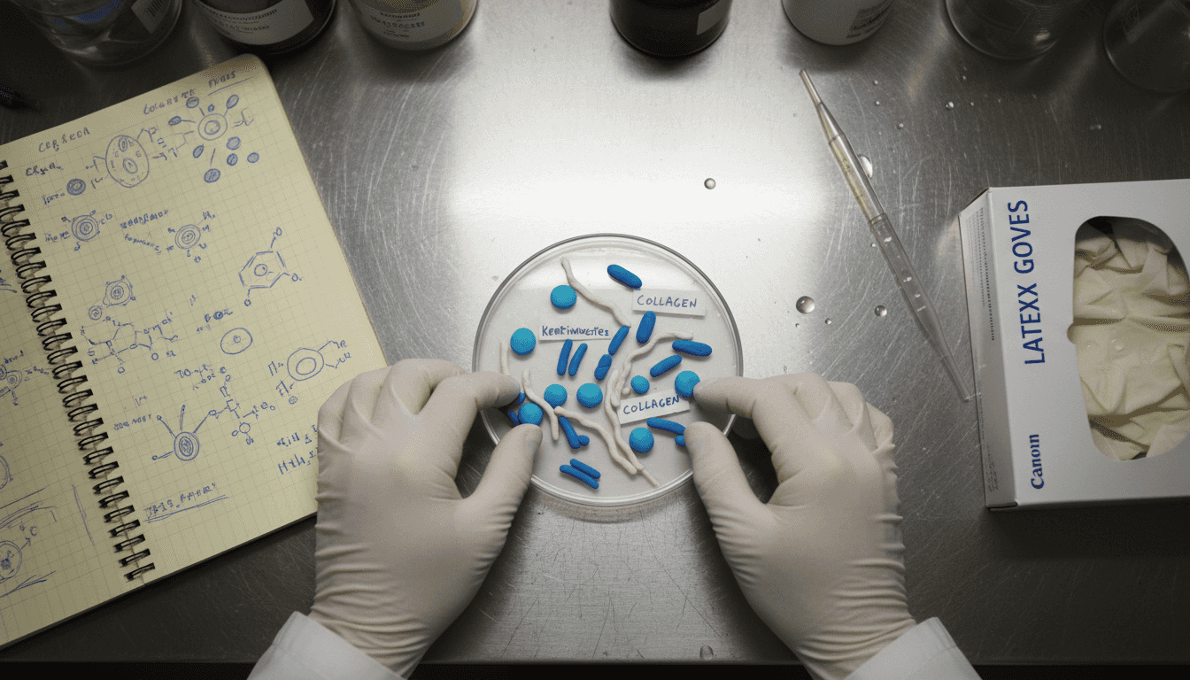 Hands assembling skin cell model with clay