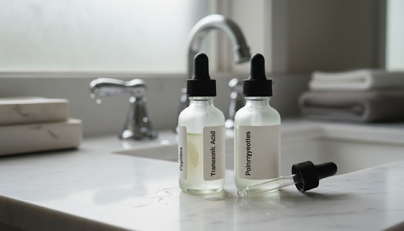 Bottles labeled peptides, tranexamic acid, polynucleotides