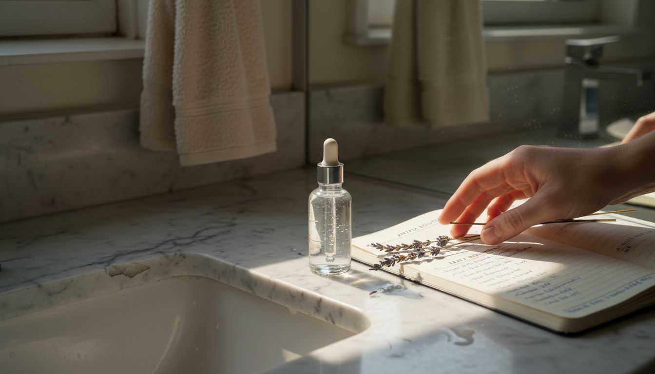 Serum bottle with botanicals on countertop