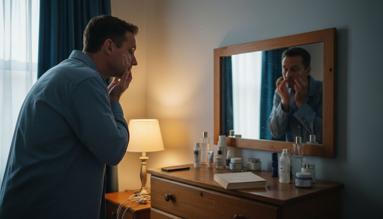 Man applying skincare serum in evening