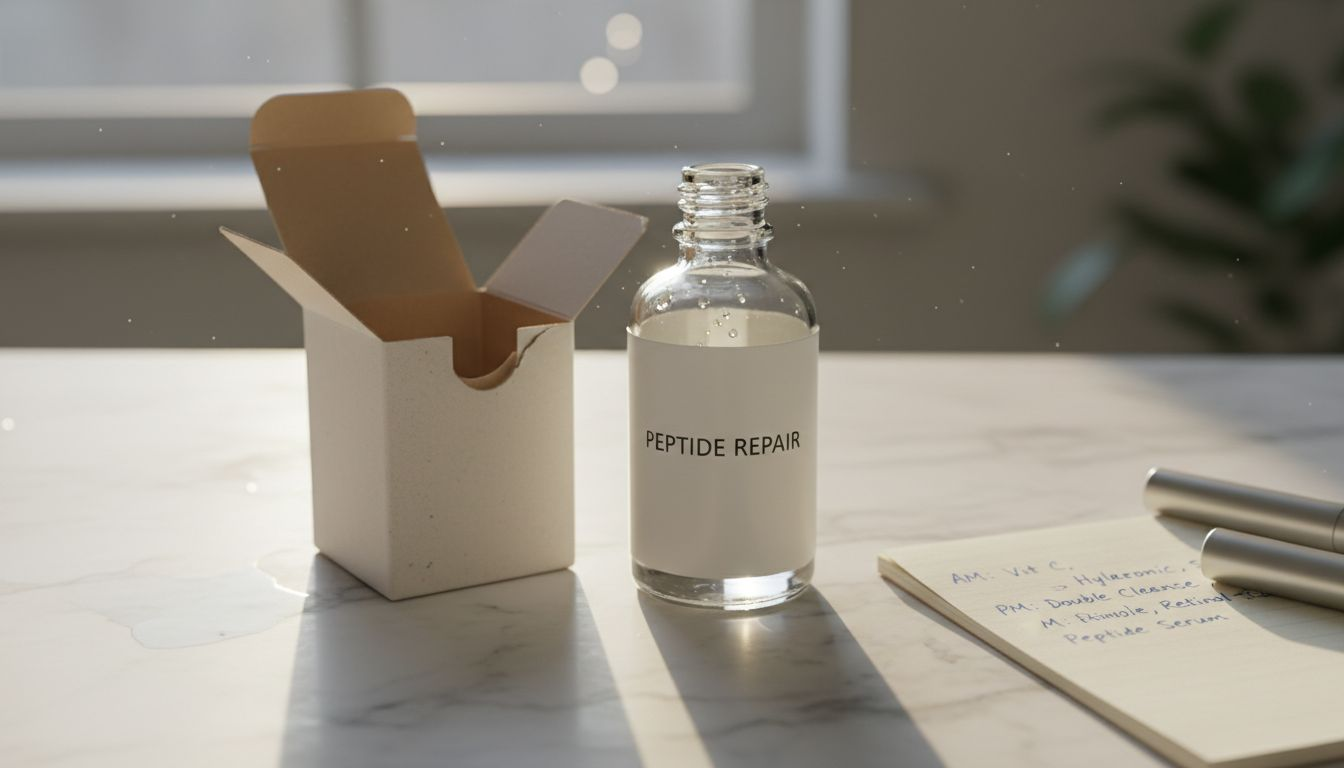 Close-up peptide serum bottle on vanity