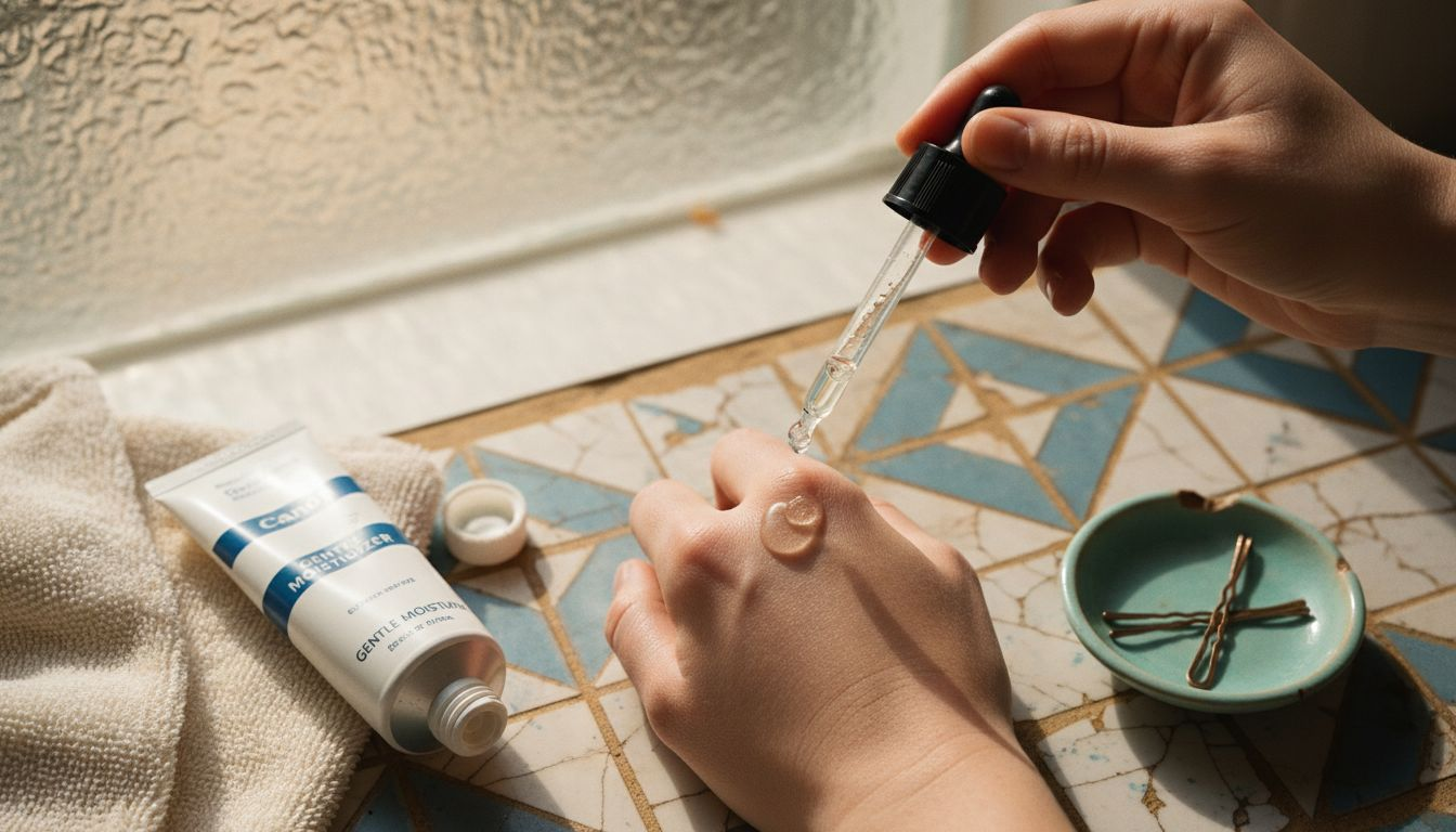 Serum dropper above hand with bathroom details