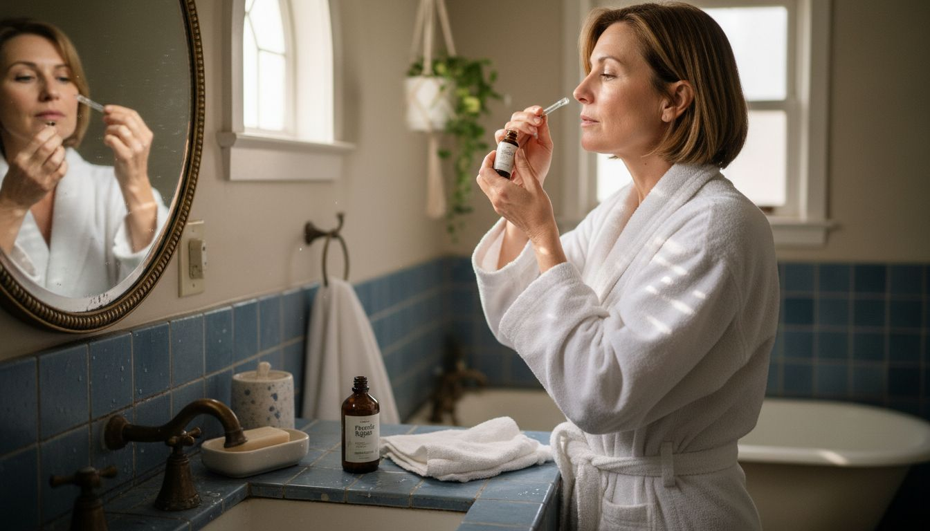 Woman applying peptide serum at vanity