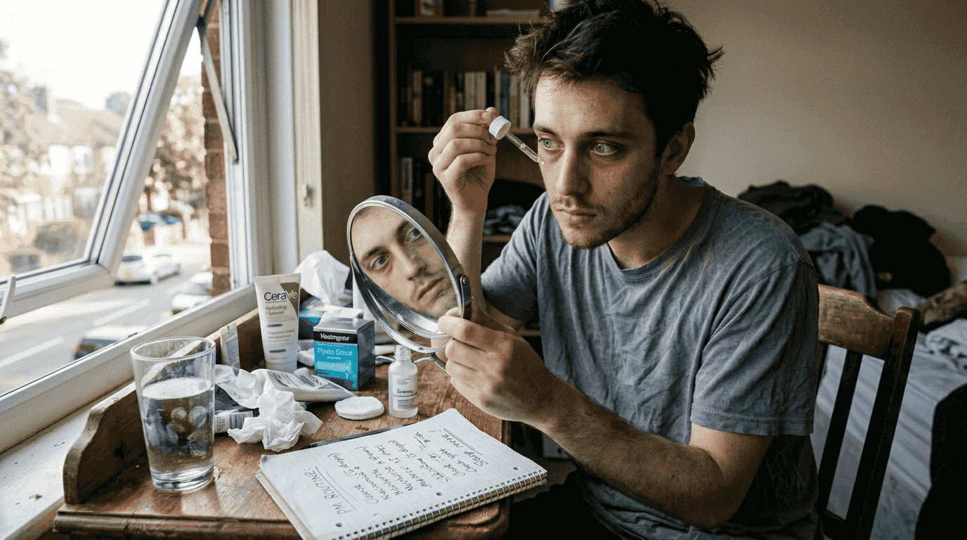 Man applying serum at cluttered vanity