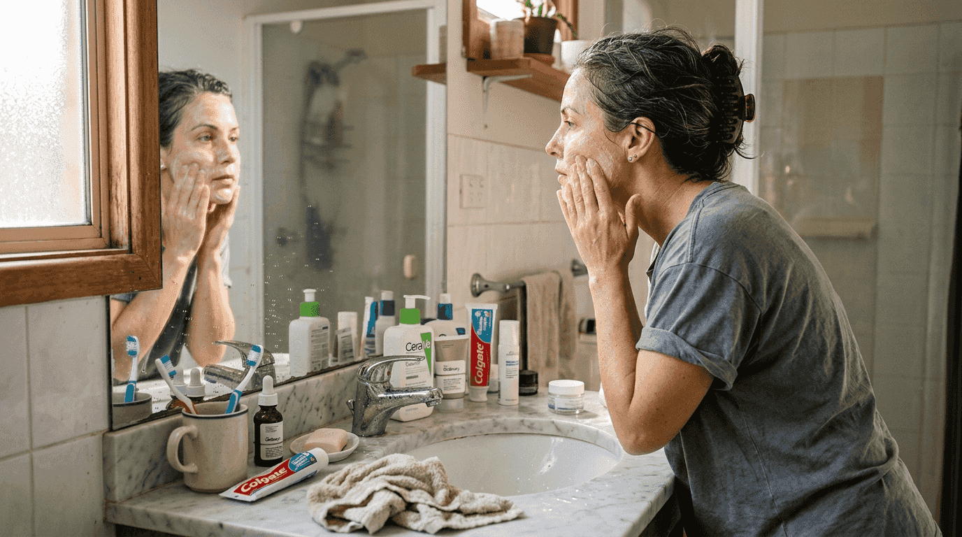 Woman cleansing face in small bathroom
