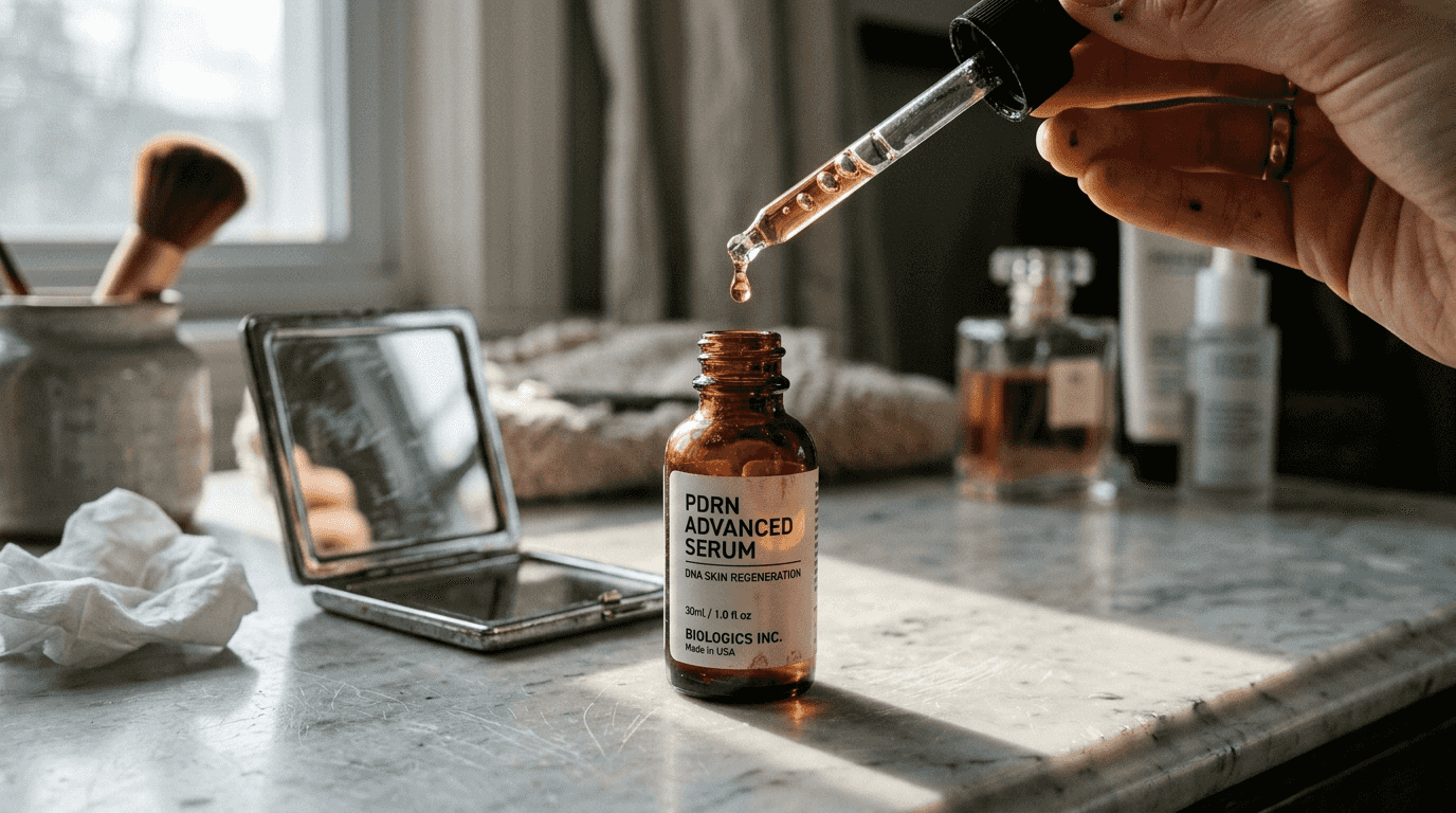 PDRN serum dropper above glass bottle