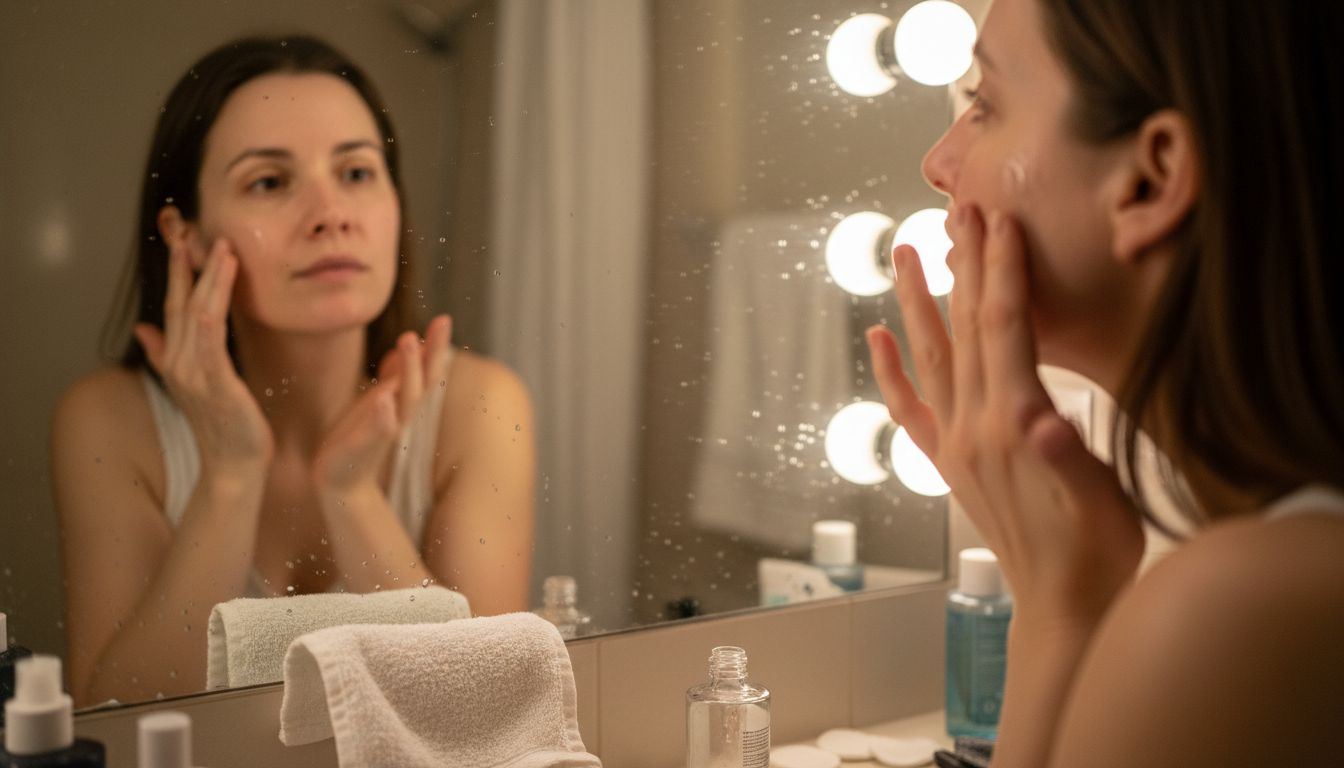 Woman applying skincare peptides serum in bathroom