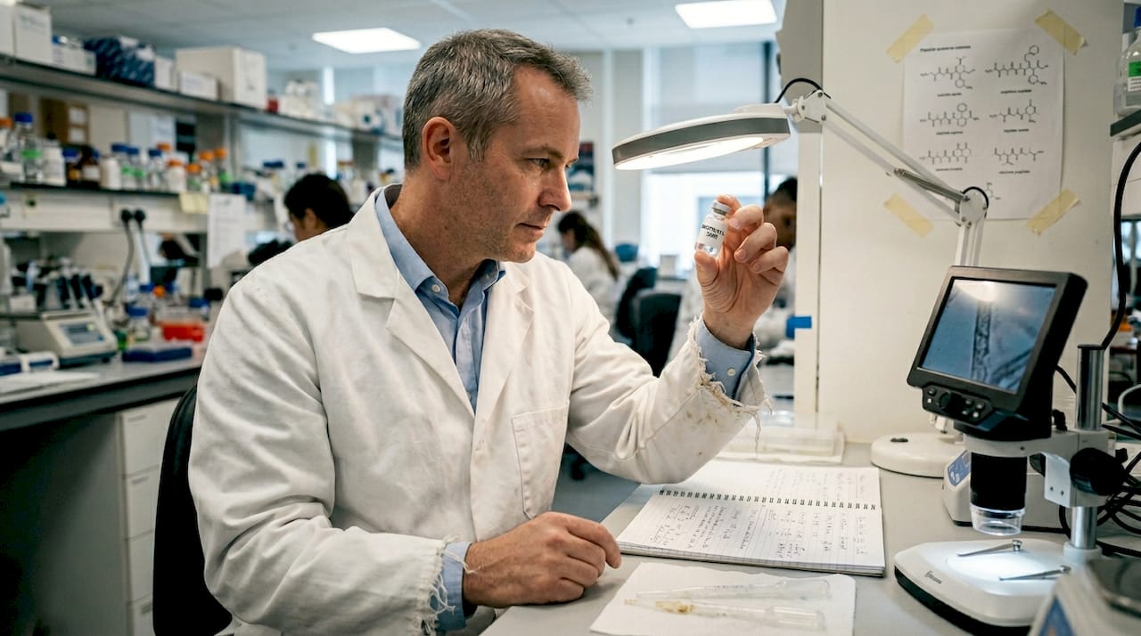 Scientist examining peptide vial in real laboratory