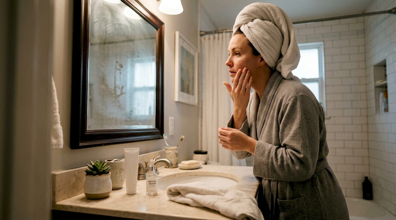 Woman applying skincare serum in home bathroom