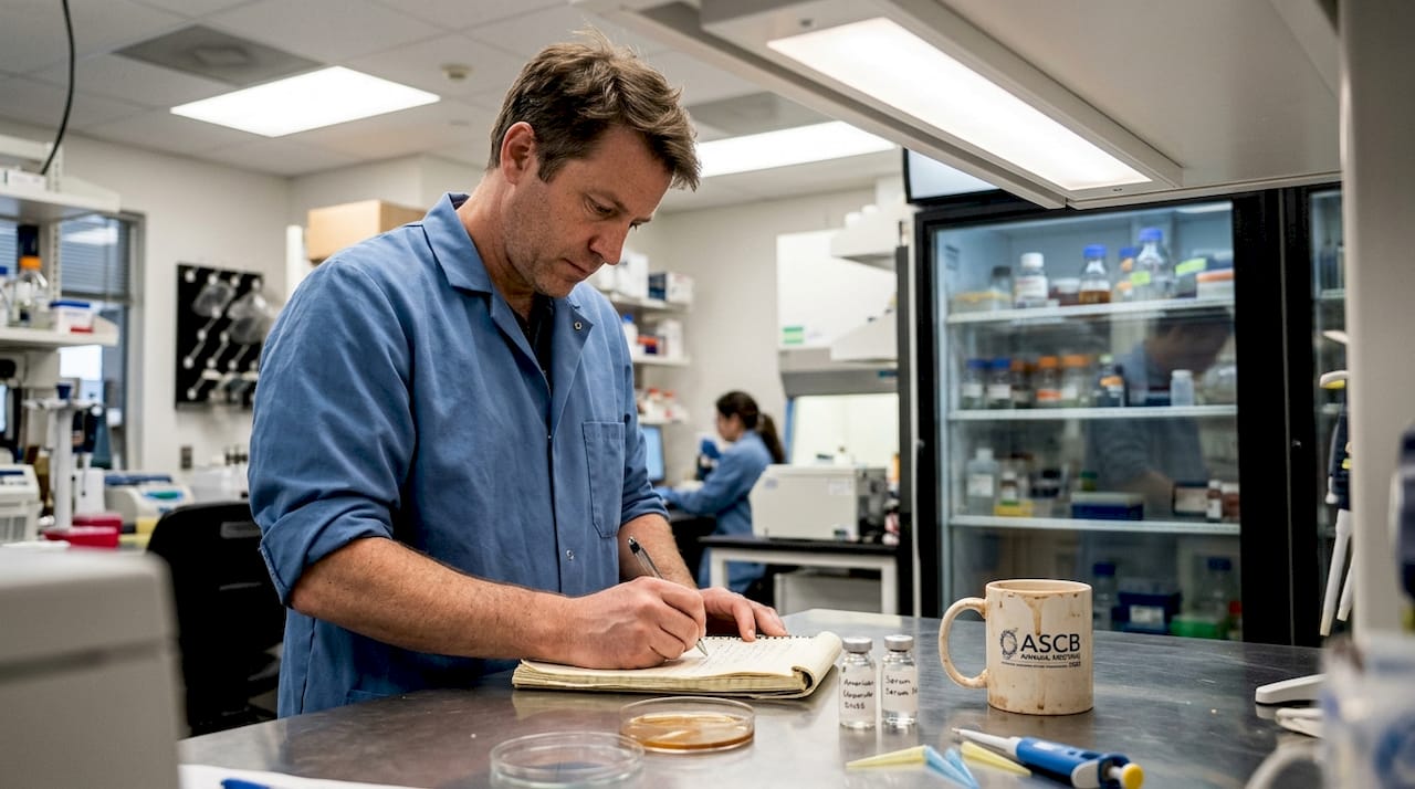 Lab technician recording skincare research notes