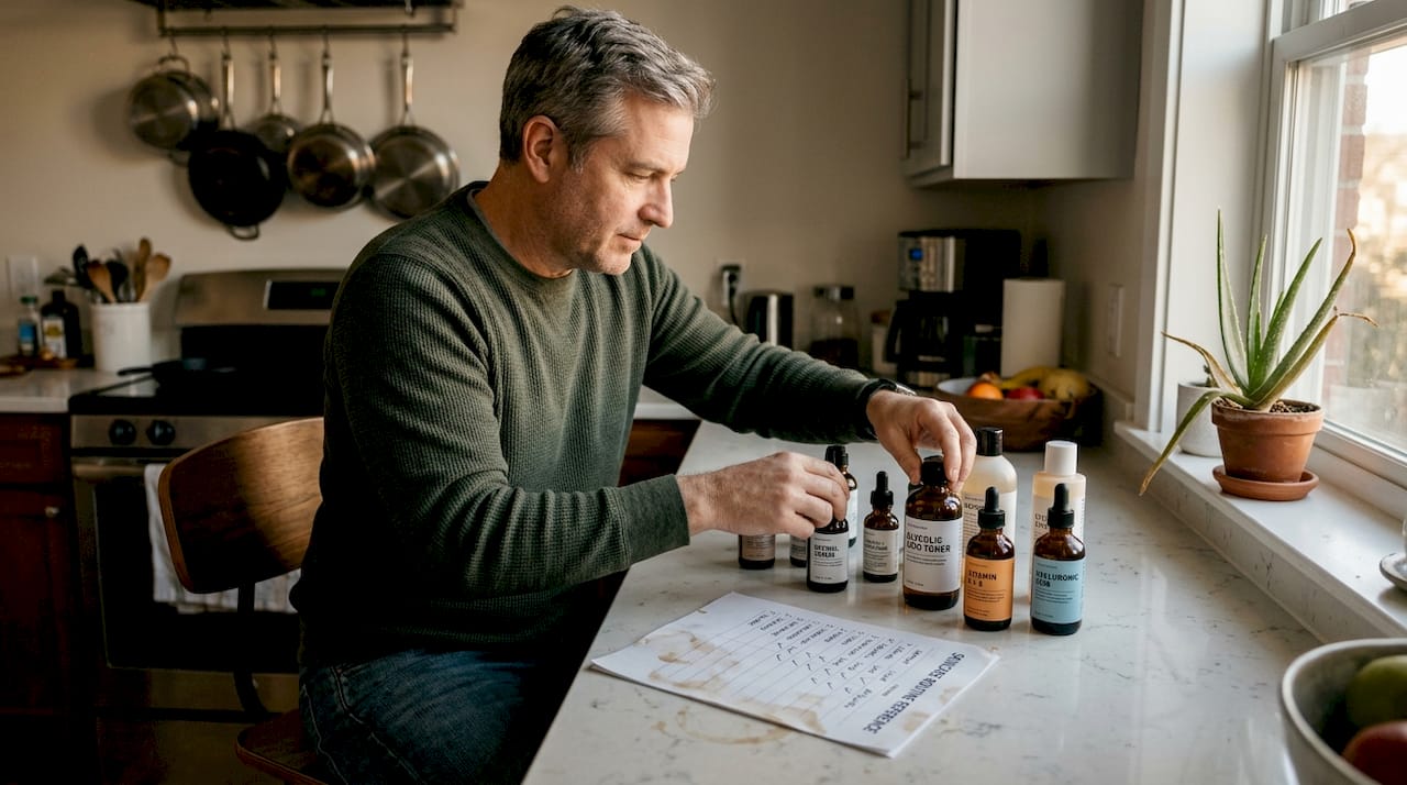 Man sorting skincare ingredients at kitchen island
