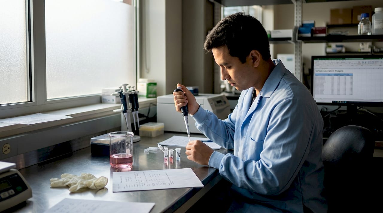 Lab technician tests peptide serum sample