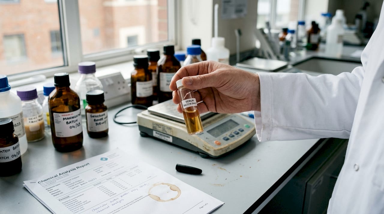 Scientist holding vial of skincare ingredient