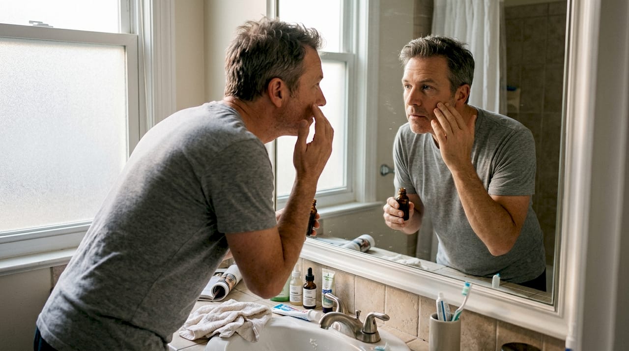 Man applying serum for aging skin