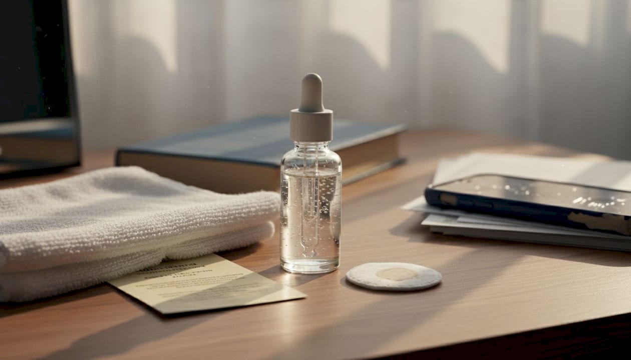 Serum bottle and skincare items on vanity