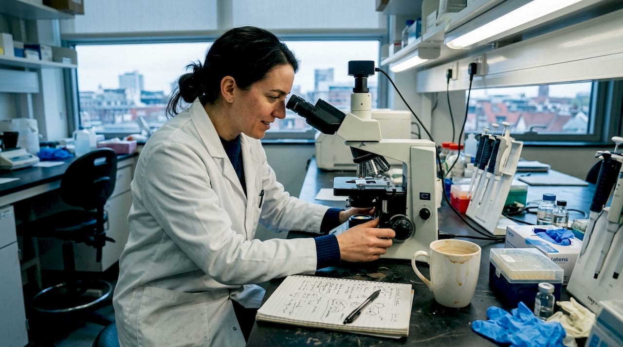 Scientist studying slides at lab bench