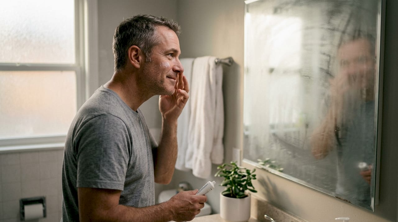 Man applying cream to face in bathroom