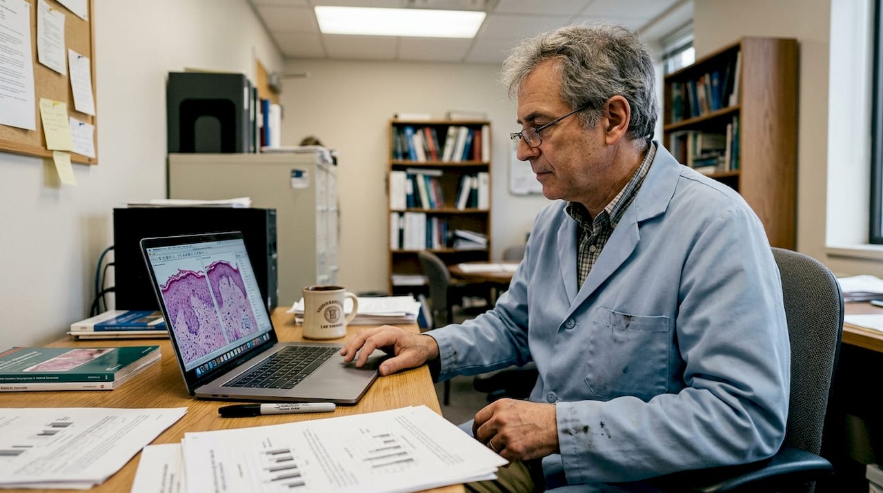 Researcher examining skin peptide data