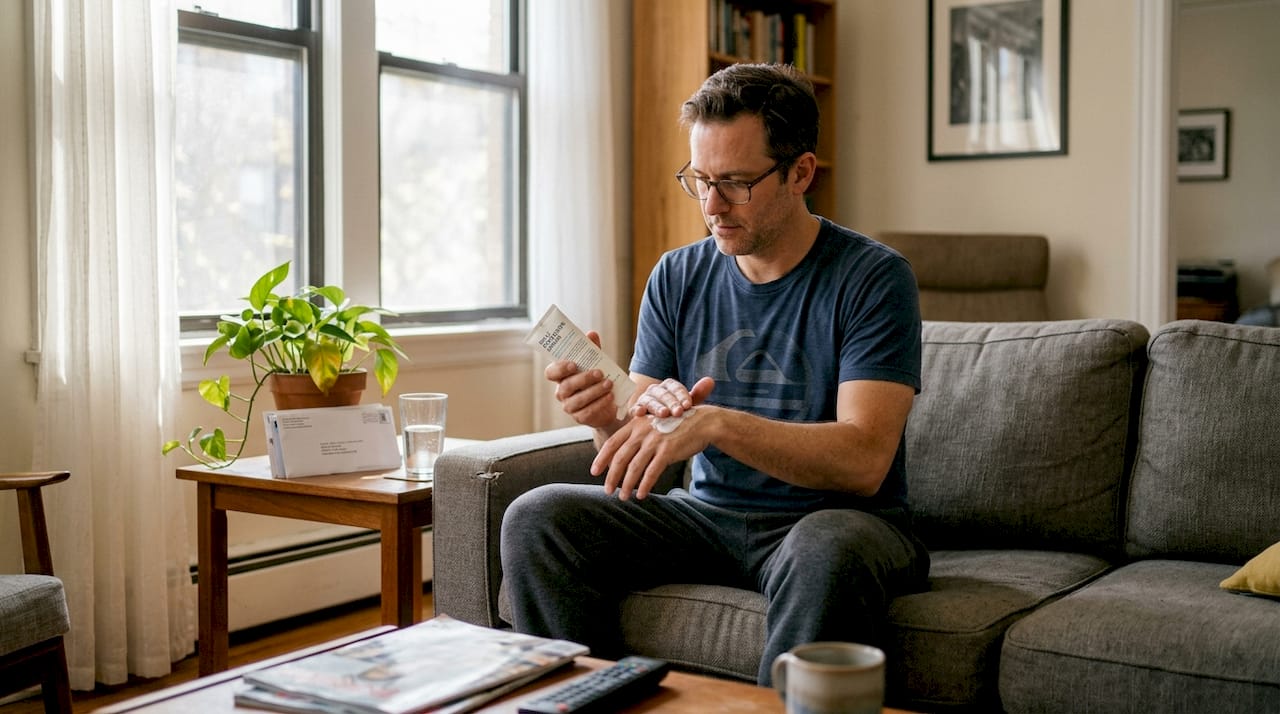 Man applying skincare cream in living room