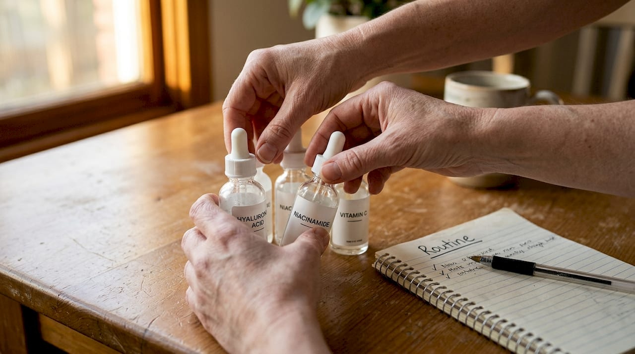Hands sorting serum bottles on kitchen table