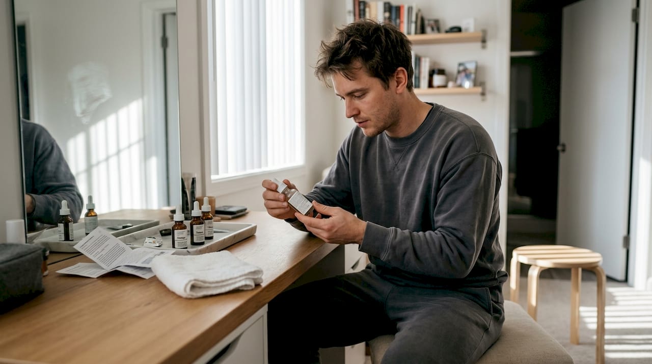 Person reviewing serum label before application