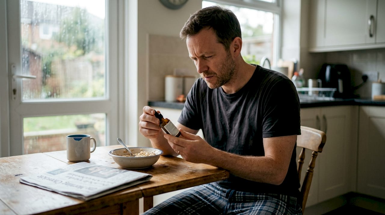 Man examines skincare ingredients at kitchen table