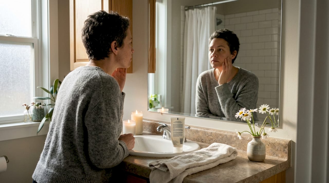 Woman checking skin hydration in bathroom