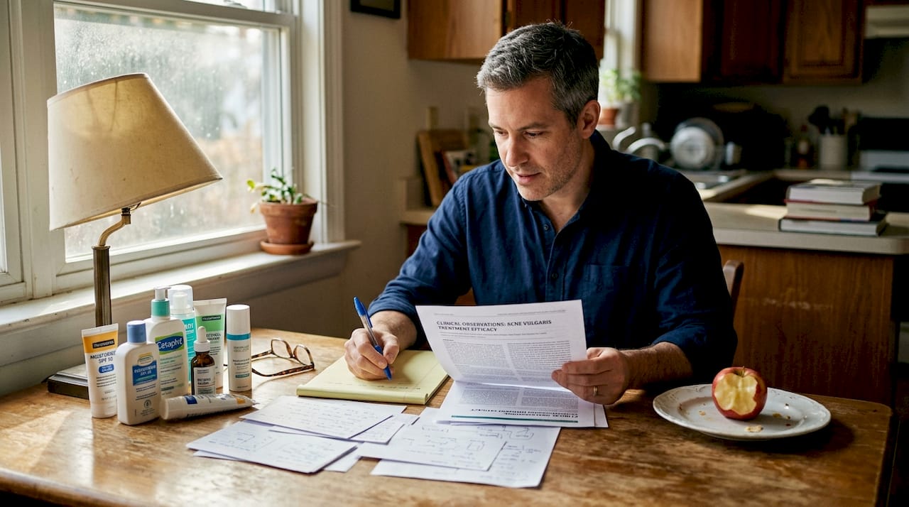 Dermatologist reviewing skincare studies at kitchen table