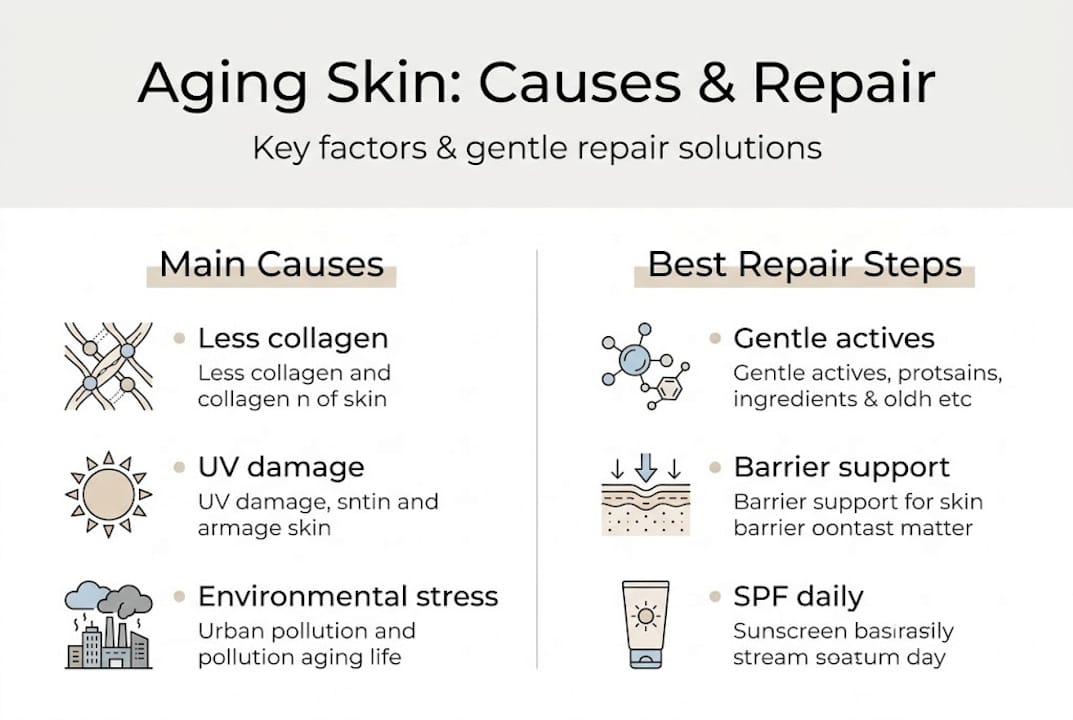 Infographic summarizing aging skin causes and repair steps