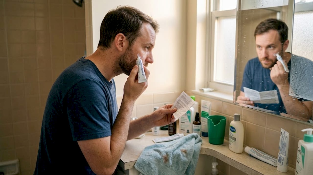 Man applying retinoid cream nightly routine