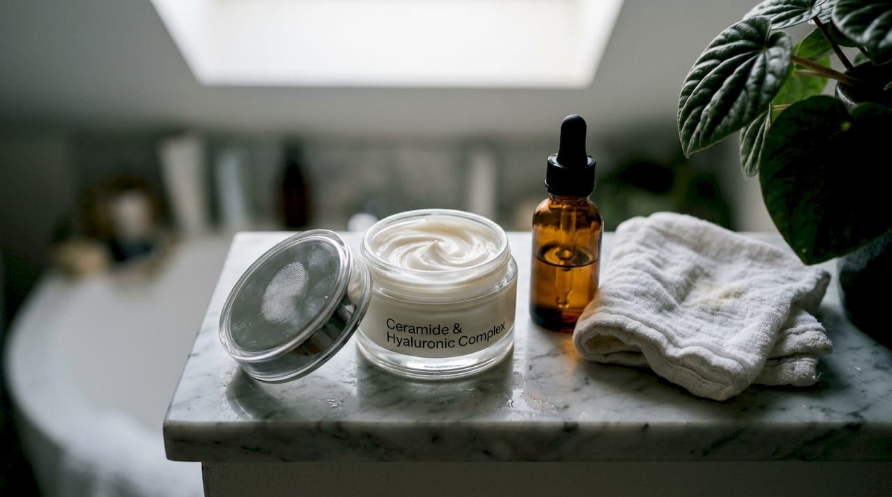 Ceramide hyaluronic moisturizer jar on bathroom shelf