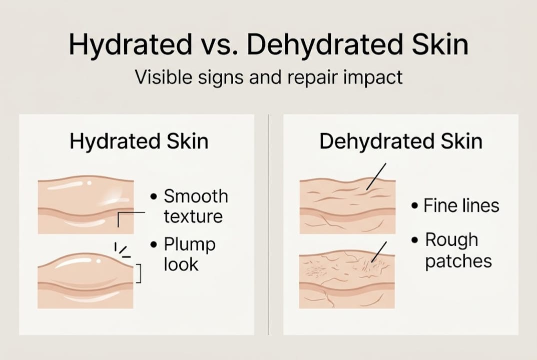 Infographic showing hydrated versus dehydrated skin features