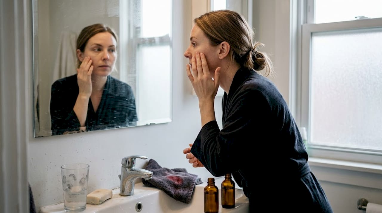 Woman applying skincare in bathroom