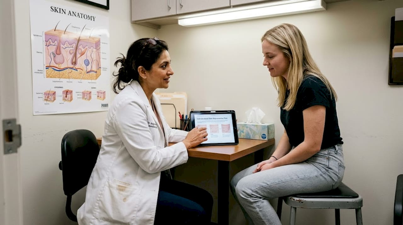 Dermatologist consults patient in clinic office
