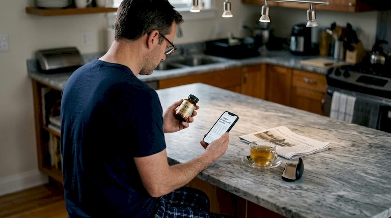 Man reviews collagen supplement with phone research