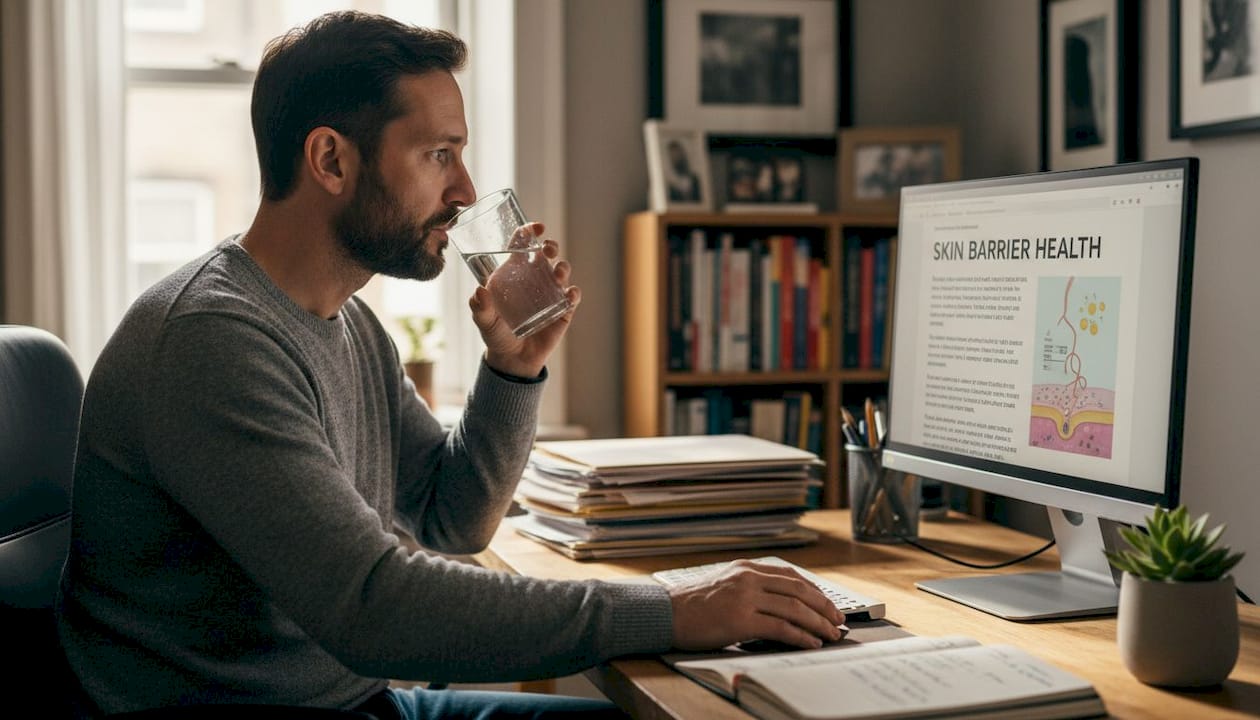Man hydrating in cluttered home office
