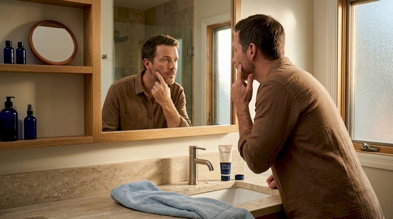 Man examining his skin at home