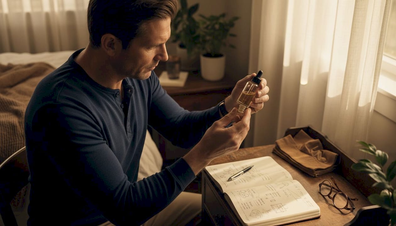 Man reviewing gentle anti-aging serum ingredients