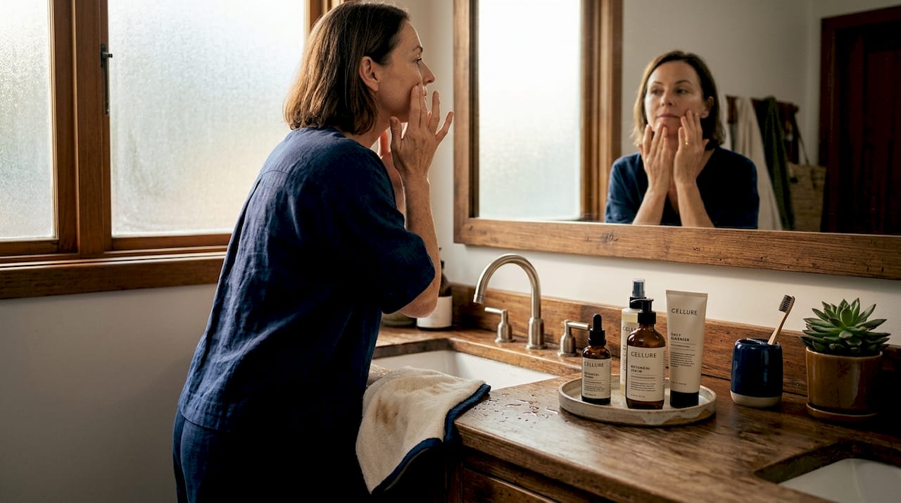 Woman applies serum during daily skincare