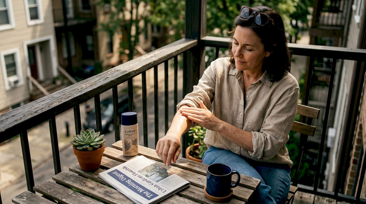 Woman applying sunscreen outdoors