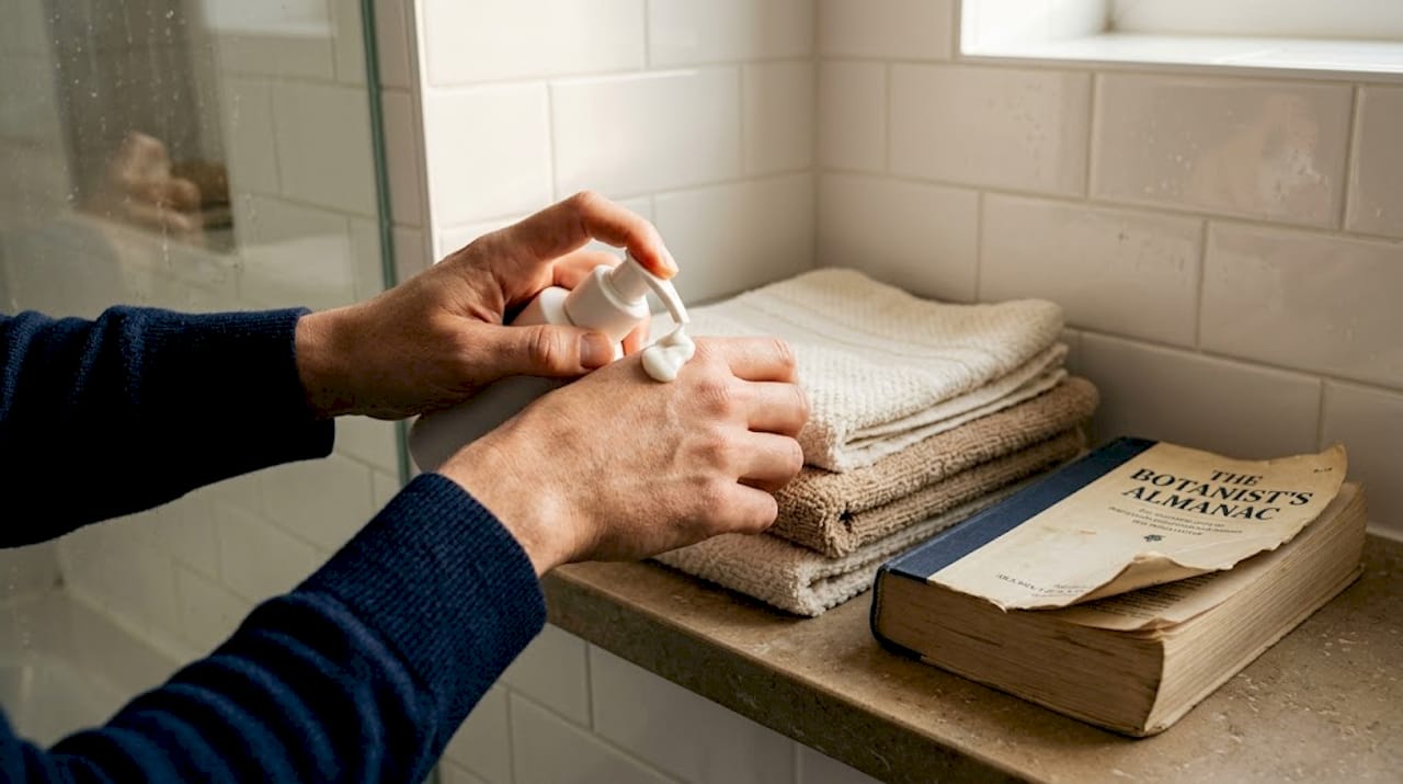 Hands applying ceramide cream on clean bathroom shelf