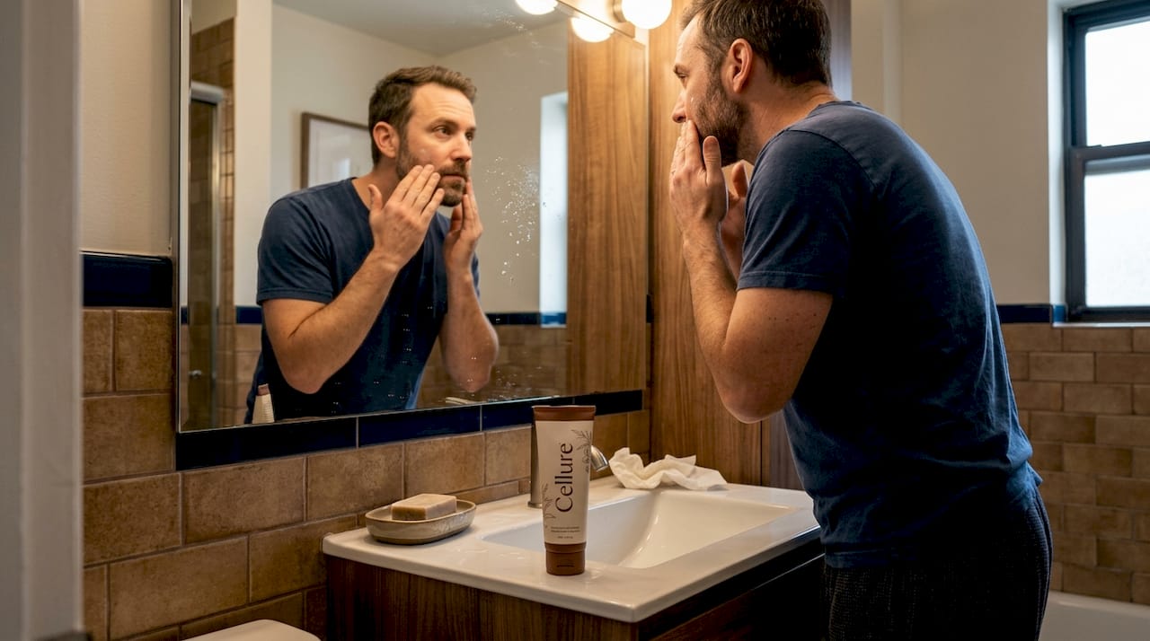 Man applies retinoid cream in evening ritual