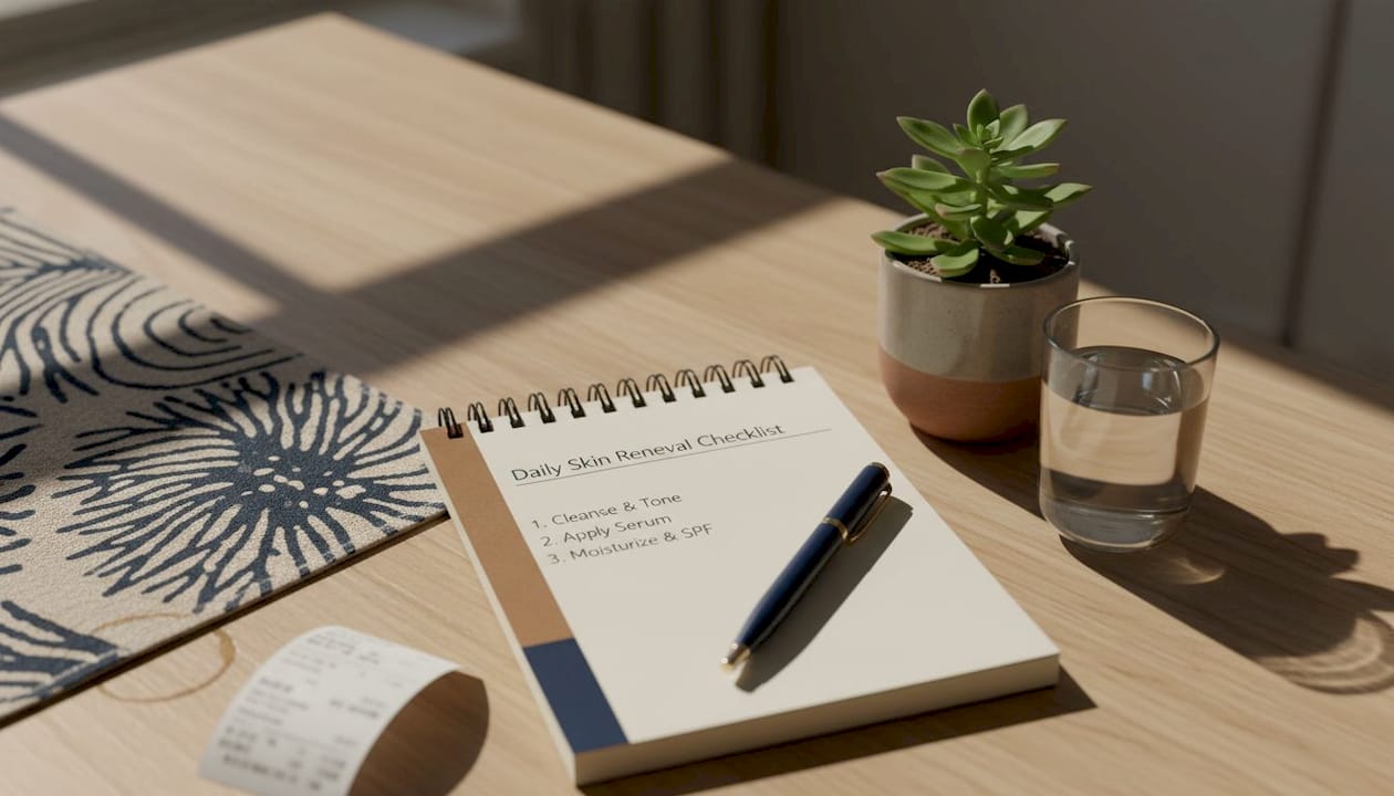 Handwritten daily skincare checklist on notepad