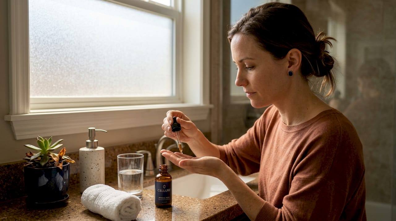 Woman applying serum in realistic bathroom