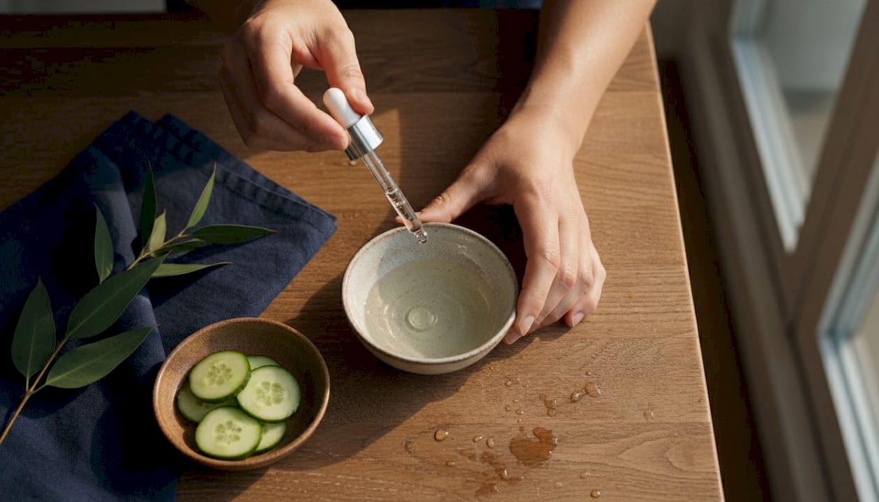 Hands hold serum dropper over natural ingredients